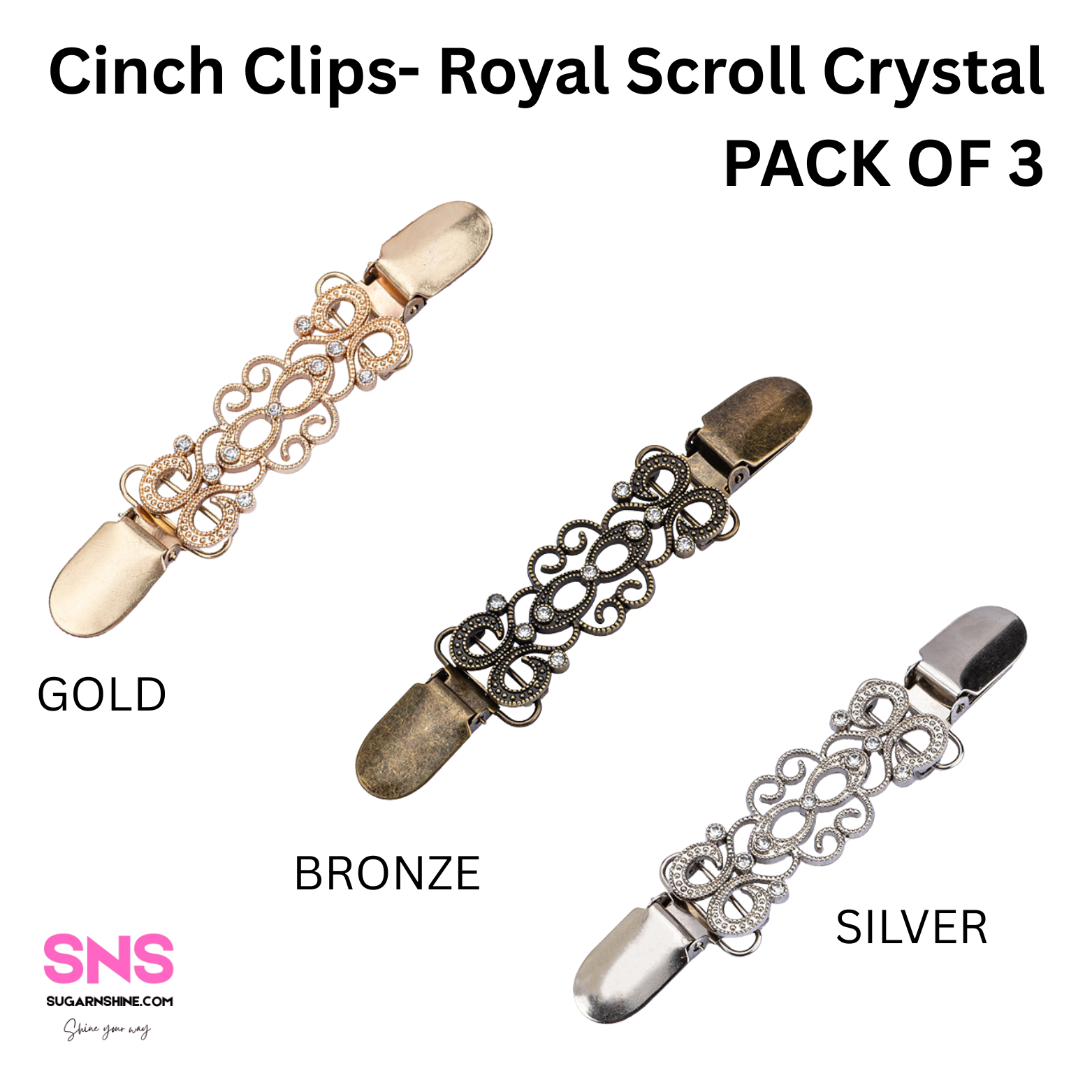 Cinch Clips- Royal Scroll Crystal (Pack of 3)