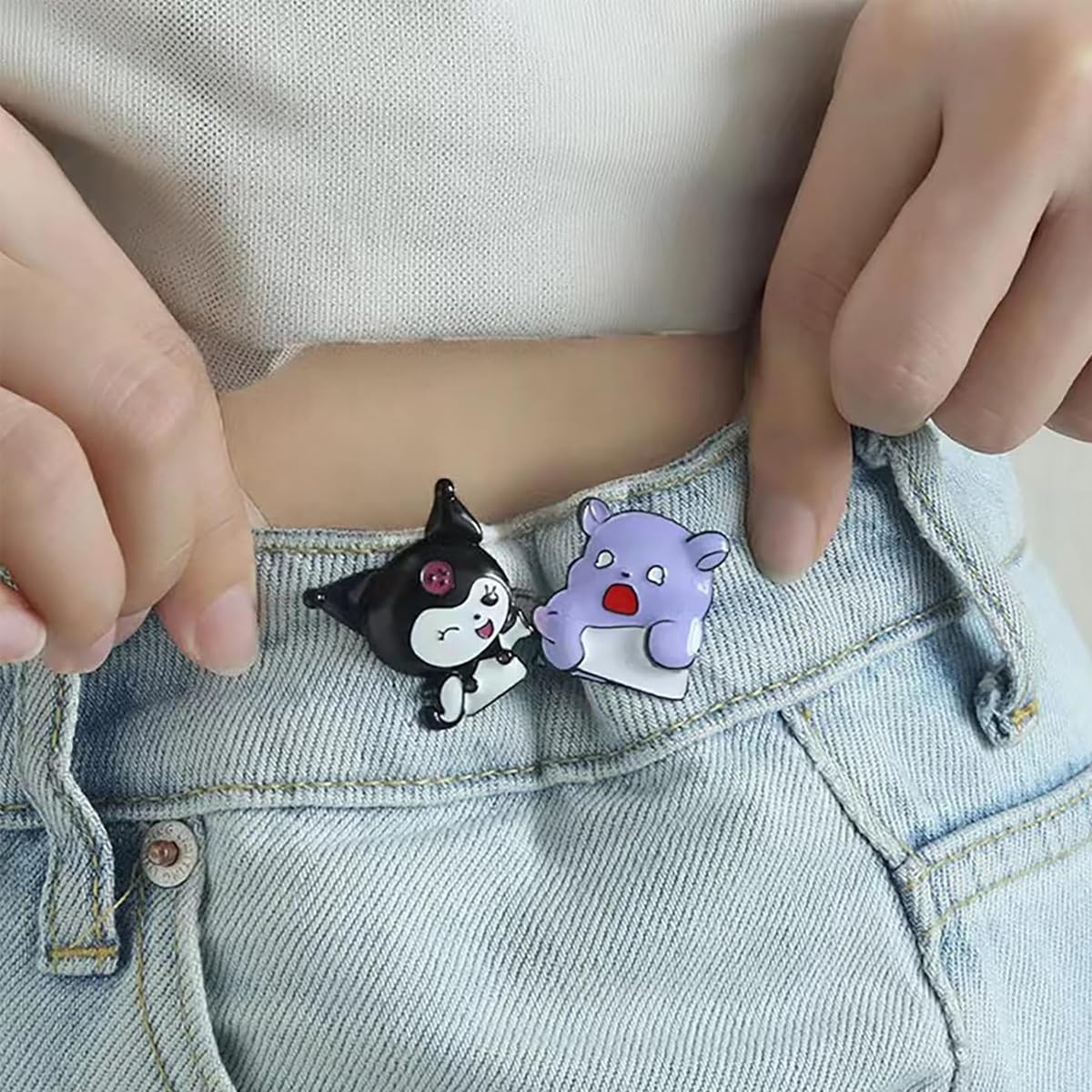 Cute Cartoon Character Jean Waist Tightener Pins (Kuromi & Purple Bear) – Pack Of 4 Pairs