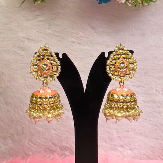 Peach Royal Kundan Jhumka Earrings