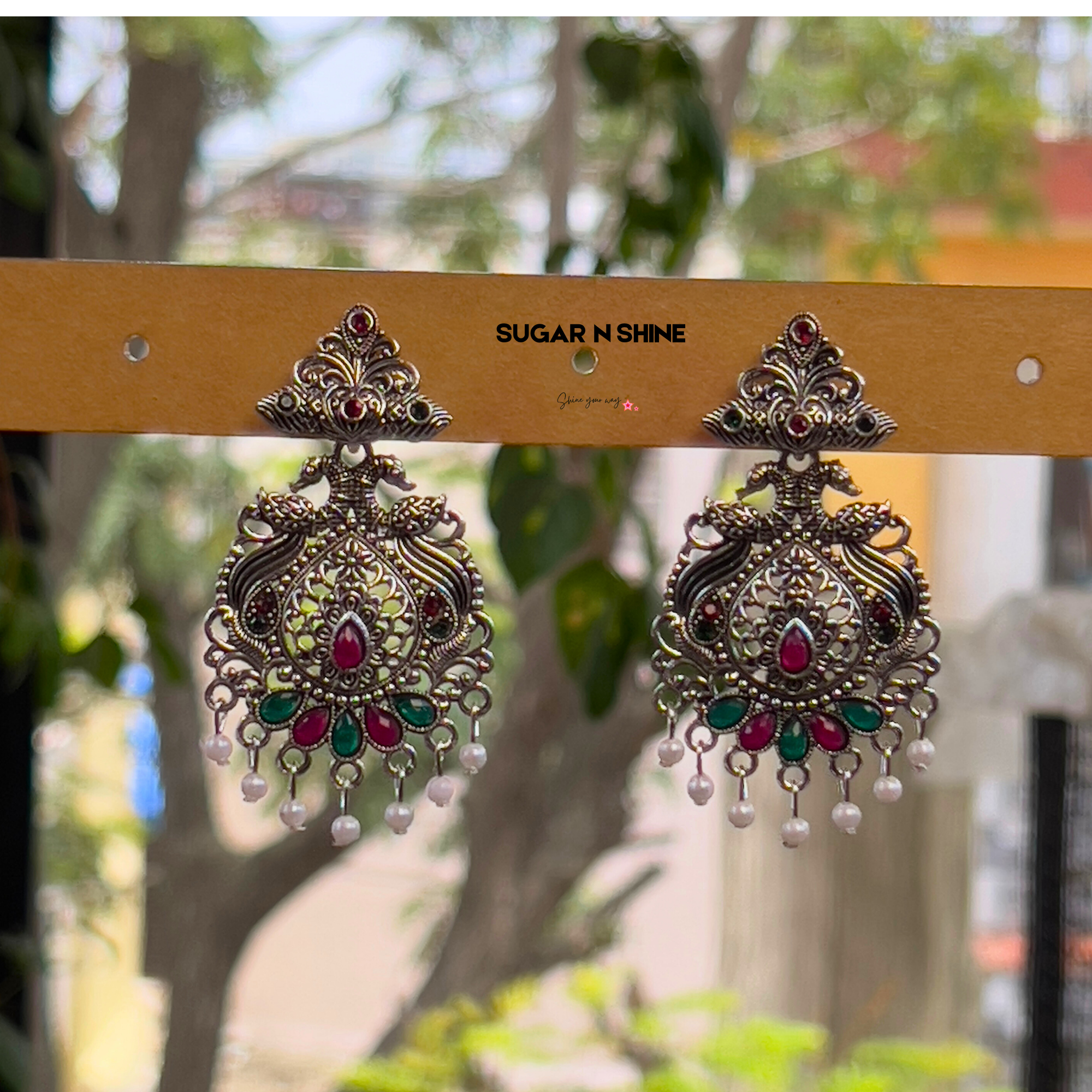 Peacock Oxidised Temple Chandbalis