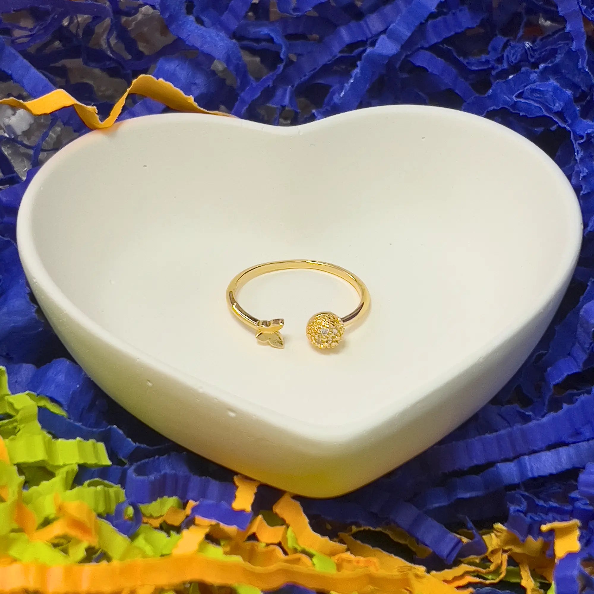 Golden Polished Bow Style Ring with Pave Ball