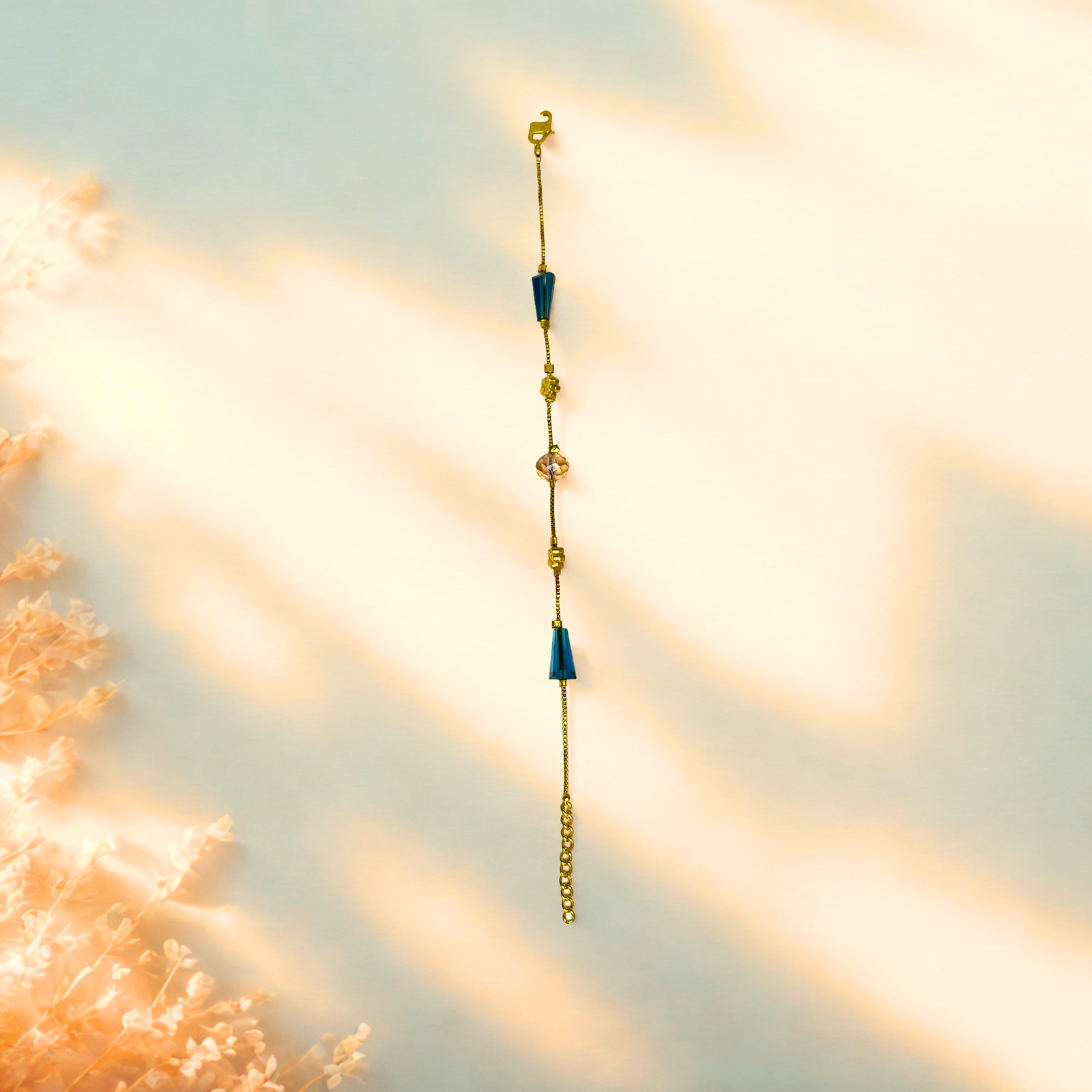 Gold & Blue Beaded Bracelet with Crystal Center